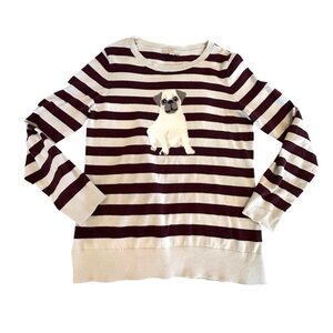 LOFT Gray and Burgundy Striped Pug Sweater Size M Cotton Lightweight Preppy